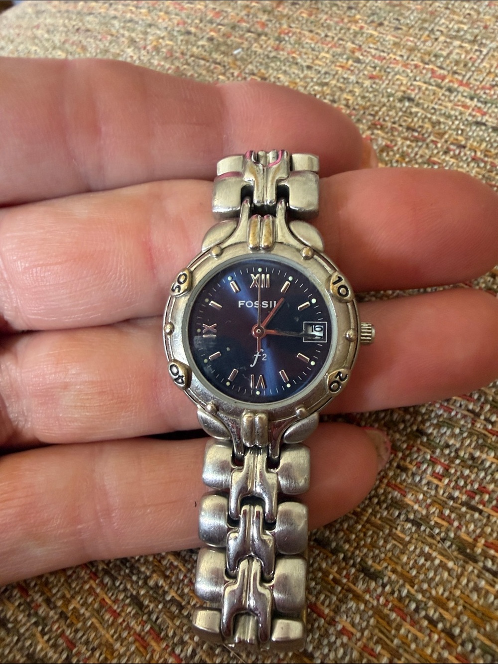Fossil Silver-Tone Link Watch with Dark Blue Dial